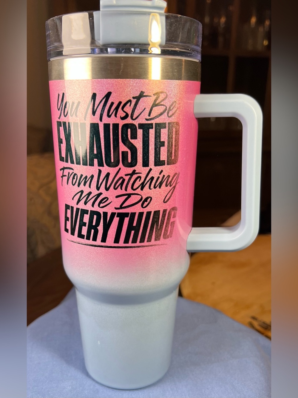 Pink Ombre Travel Tumbler with Handle - 'You Must Be Exhausted' Print